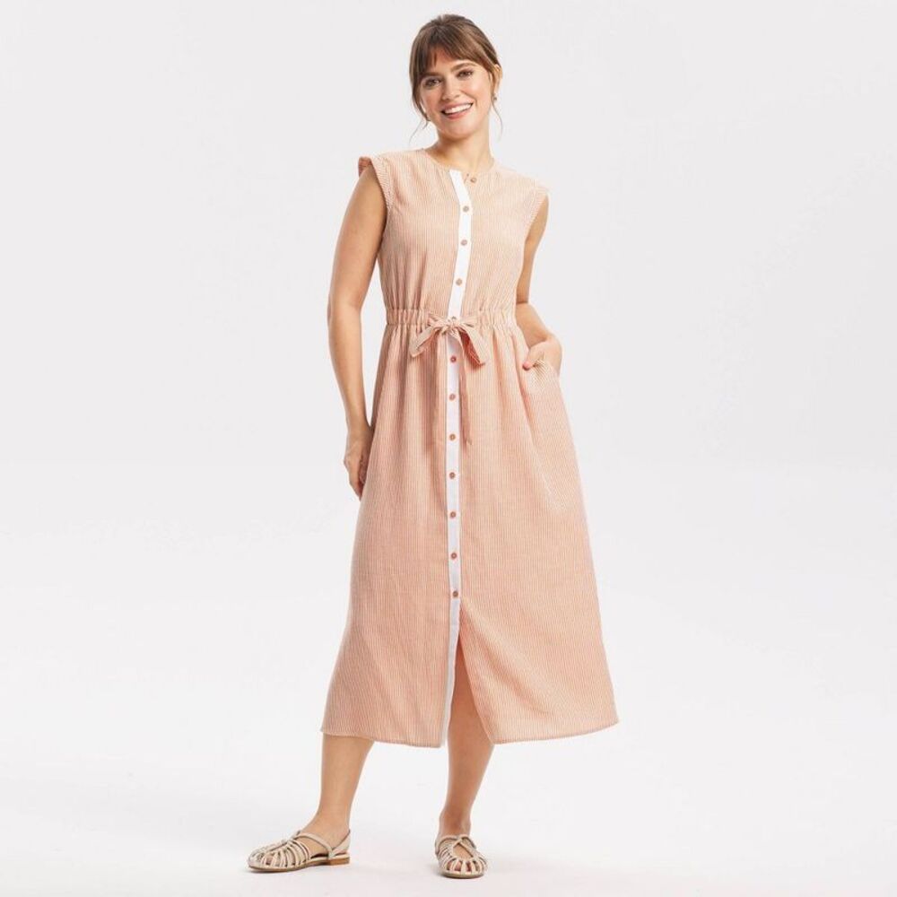 Women's Button-Front Midi A-Line Dress - Universal Thread Orange Striped S
